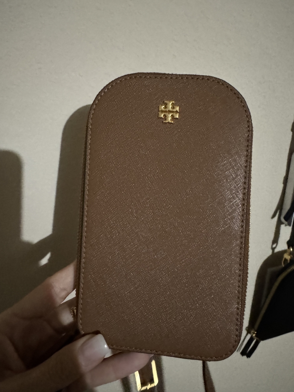 Tory Burch Chestnut Leather Zip Crossbody Phone Pouch with Gold Logo